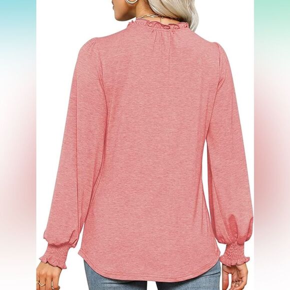 Rooscier Women’s V Neck Shirred Long Sleeve Frill Ruched Tee Blouse Top - New - Picture 2 of 6